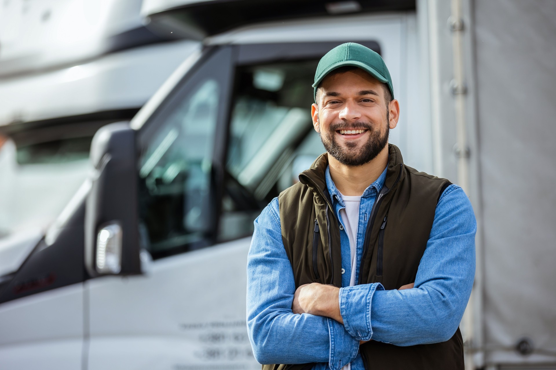 Happy confident male driver standing in front on his truck Happy confident male driver standing in front on his truck